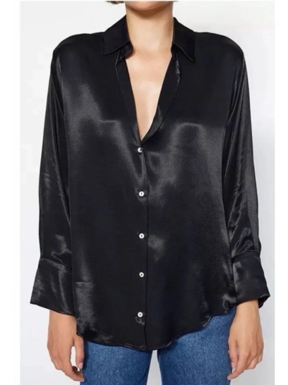 Zara Satin Effect Black Long Sleeve Shirt Size XS